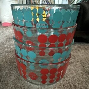 Pyrex Clear Atomic Polka Dot Blue  Red Prep Bowl 7201A Set Of 4- no lids